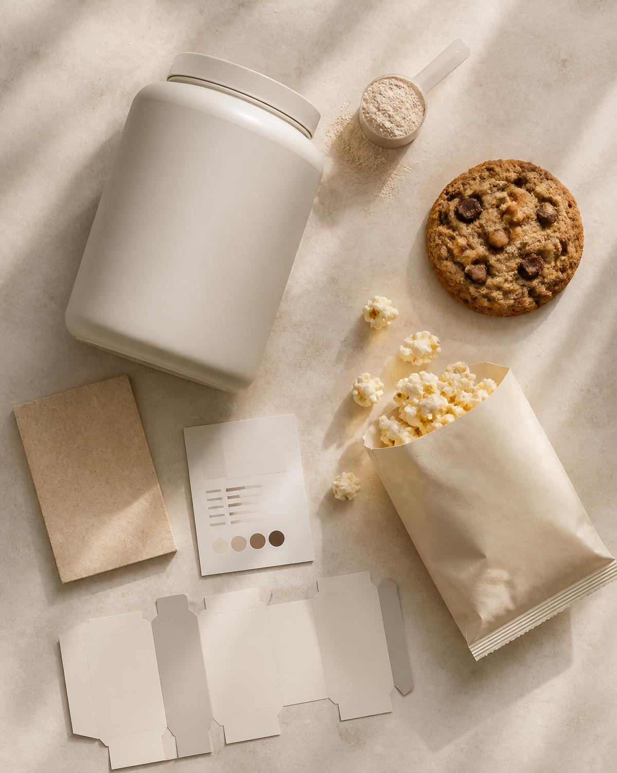 Food product extensions: powder tub, cookie, popcorn and packaging dieline arranged as a still life