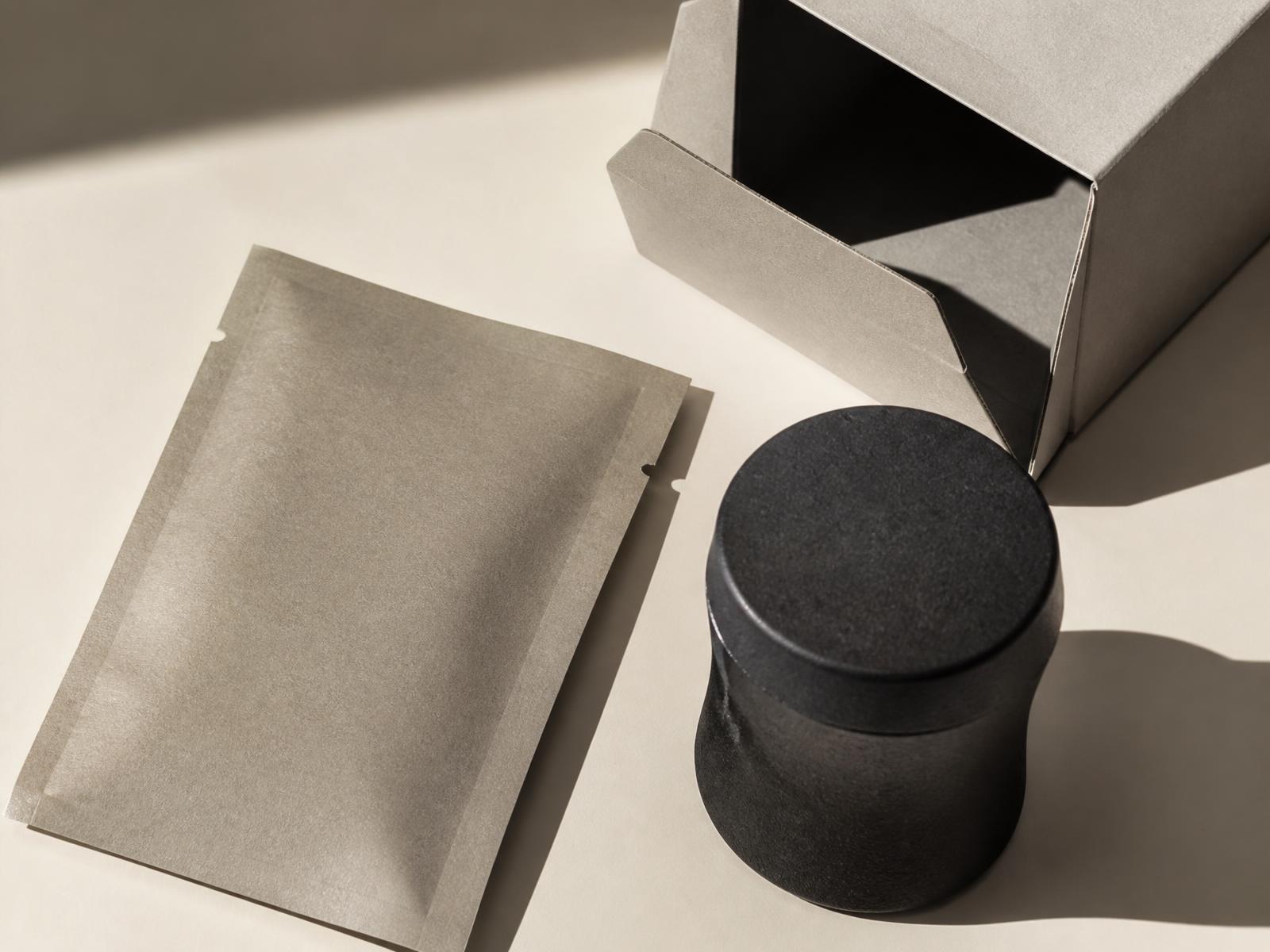 Premium unbranded consumer packaging arranged on a warm off-white surface