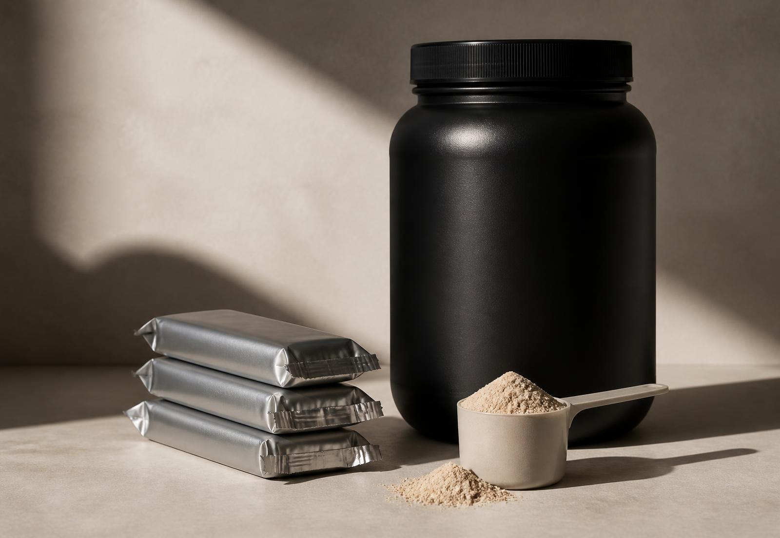 Unbranded nutrition products: matte tub, foil bars and a scoop of powder